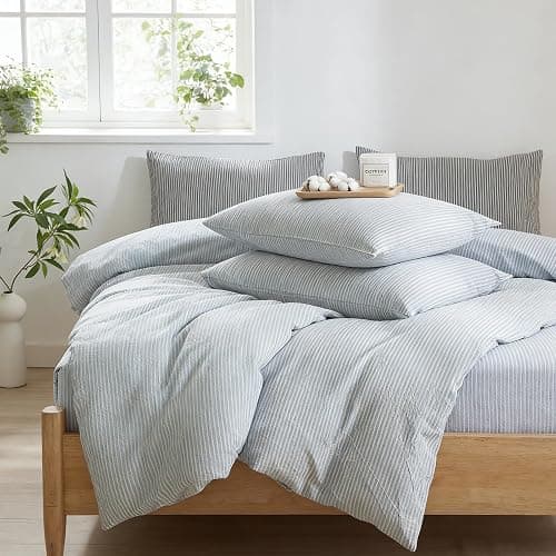 MWL Toy Striped Duvet Cover Set Full Size 3 Pcs Breathable Durable 100% Washed Cotton Comforter Cover for All Seasons Chic Linen Like Textured Bedding Set (Light Blue White Pinstripes, Full) - Image 1