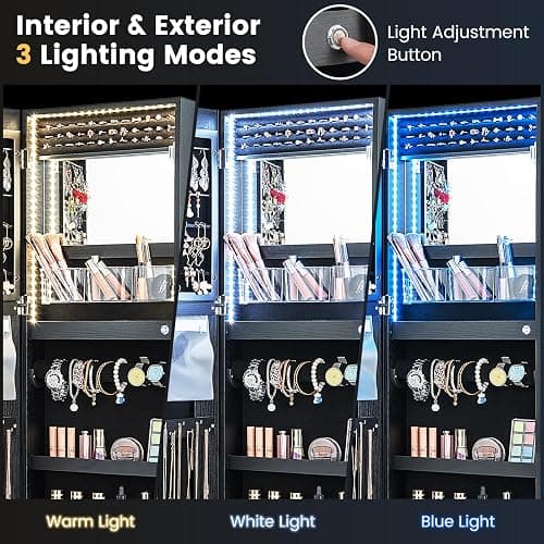 CHARMAID LED Mirror Jewelry Cabinet, Lockable Jewelry Armoire with Adjustable Lighted Full Length Mirror, 3 Lighting Sets, Wall Mounted Door Hanging Jewelry Storage Organizer (Black, 42.5''H) thumbnail 6