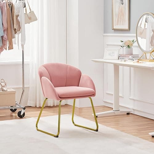 Yaheetech Flower Shape Velvet Vanity Chair, Modern Side Armchair Makeup Chair no Wheels with Golden Metal Legs for Living Room/Dressing Room/Bedroom/Home Office/Kitchen, Pink thumbnail 5