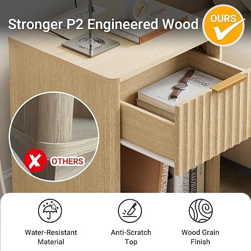 FavourLife 18"W Modern Fluted Nightstand with Charging Station, Natural Oak | Bedroom, Sofa, Home Office, FSC-Certified MDF, Curved Corner, Metal Handle, Open Shelf, Night Stand, End Table,Bed Side Table thumbnail 6
