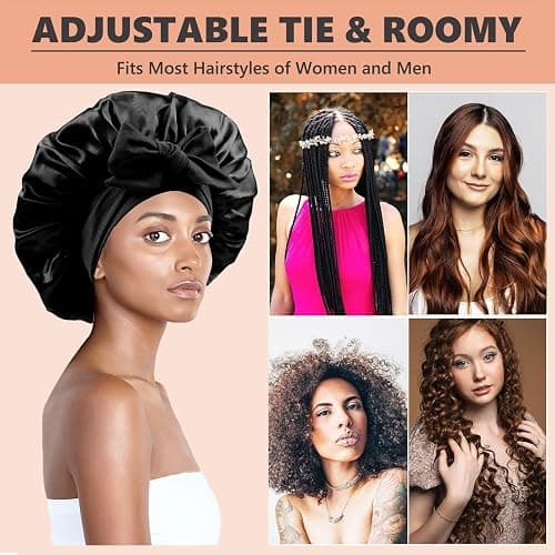 Satin Bonnet for Sleeping Women,Double Layer Hair Bonnet for Sleeping with Tie Band for Curly Hair Braids Long Hair Black thumbnail 5