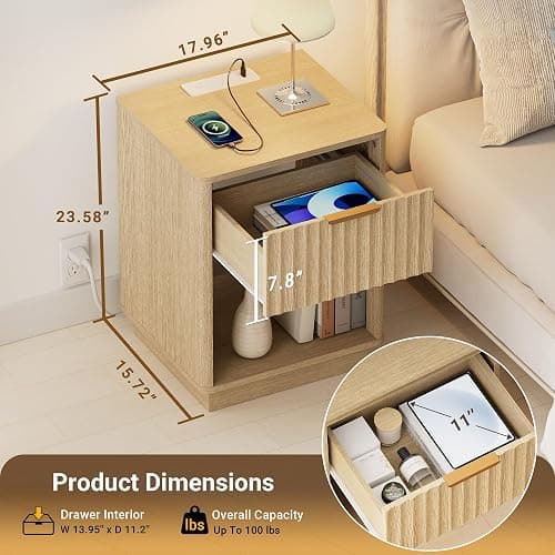 FavourLife 18"W Modern Fluted Nightstand with Charging Station, Natural Oak | Bedroom, Sofa, Home Office, FSC-Certified MDF, Curved Corner, Metal Handle, Open Shelf, Night Stand, End Table,Bed Side Table thumbnail 2