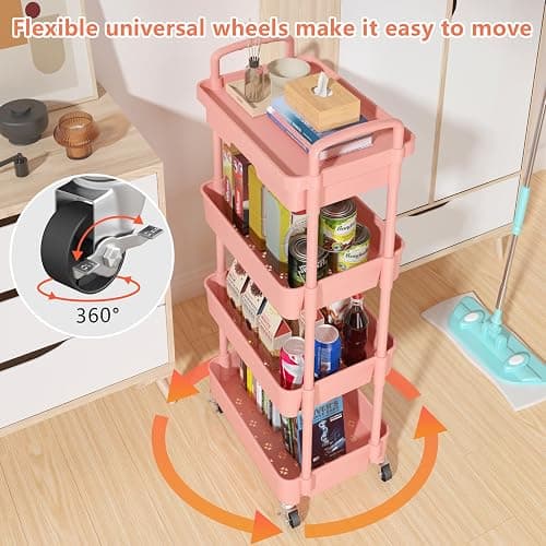 Calmootey 4-Tier Rolling Utility Cart with Drawer,Multifunctional Storage Organizer with Plastic Shelf & Metal Wheel,Storage Cart for Kitchen,Bathroom,Living Room,Office,Pink thumbnail 8