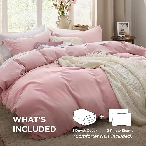 Bedsure Pink Duvet Cover Queen Size - 3 Pieces Prewashed Cotton-Like Extra Soft Bedding Set, Includes 1 Duvet Cover 90x90 Inches with Zipper Closure & 2 Pillow Shams, Comforter Not Included thumbnail 2