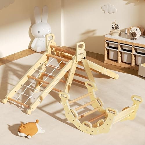 BlueWood 2025 8-in-1 Pikler Triangle Climbing Set Toddler Toys Indoor Baby Jungle Gym Climber Playground for Kids - Natural Wood thumbnail 2