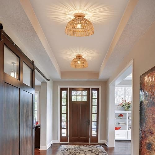 OCWHT Boho Rattan Ceiling Light Fixtures Boho Lamp Shade Flush Mount Ceiling Light Hand-Woven Small Chandelier Wooden Base Chandelier Light for Hallway Bedroom Kitchen Nursery - Brown thumbnail 8