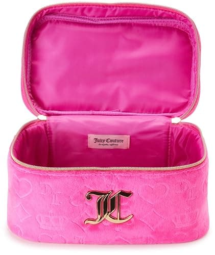 Juicy Couture Hot Pink Makeup Bag Cosmetics Organizer Travel Essentials Train Case Velour Heart Crown thumbnail 6