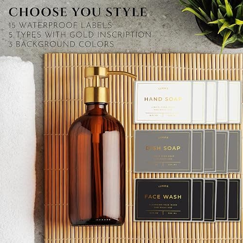 Glass Soap Dispenser Set of 2 (Amber) with Silicone Tray | Hand and Dish Soap Dispenser for Kitchen and Bathroom | 16.8 Oz Glass Bottles with Stainless Steel Pump & 15 Waterproof Labels (Amber/Gold) thumbnail 5