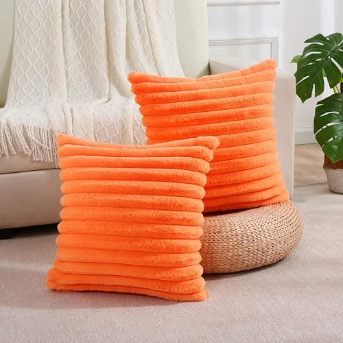 FUTEI Orange Striped Decorative Throw Pillow Covers 14x14 Inch Set of 2,Square Spring Decorations Couch Pillow Case,Soft Cozy Faux Rabbit Fur & Velvet Back,Modern Home Decor for Bed - Orange - 14" x 14" (Pack of 2) thumbnail 2
