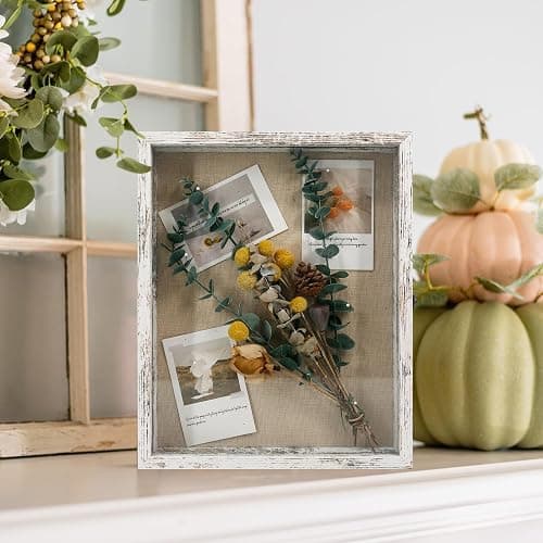 Shadow Box 13x16 Wood Shadow Box Frame Glass Door Display Case with Linen Back and 6 Stick Pins,1.5 inches Interior Depth,Ideal for Memorabilia Pictures Flowers Medals Tickets Rustic White thumbnail 2