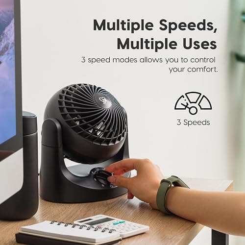 IRIS USA WOOZOO Desk Fan, Air Circulator, 3 Speeds, 32ft Max Air Distance, 112° Adjustable Tilt, 27.5db Quiet Motor, Small Fan for Bedroom, Office, Dorm, Black thumbnail 5