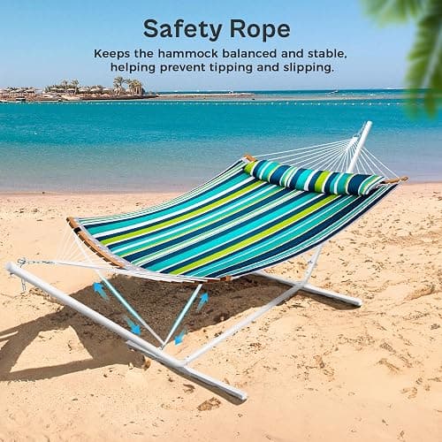 SUPERJARE Curved-Bar Hammock with Stand, 2 Person Heavy Duty Hammock Frame, Detachable Pillow & Portable Carrying Bag, Perfect for Outdoor & Indoor, Blue-Green Stripe thumbnail 6