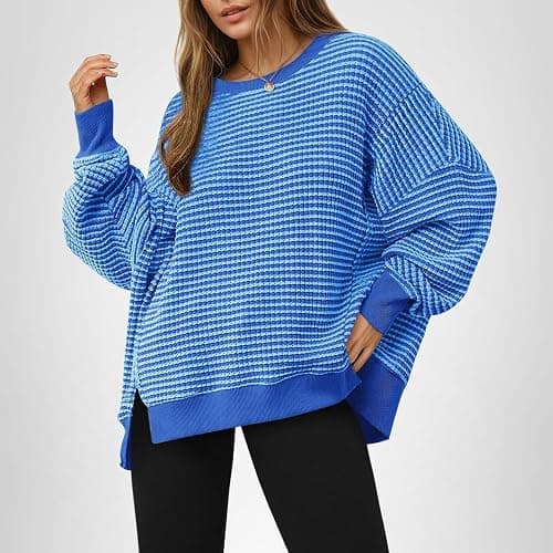 Fisoew Women's Fall Oversized Sweatshirt Casual Waffle Knit Long Sleeve Crewneck Split Pullover Tunic Tops thumbnail 7