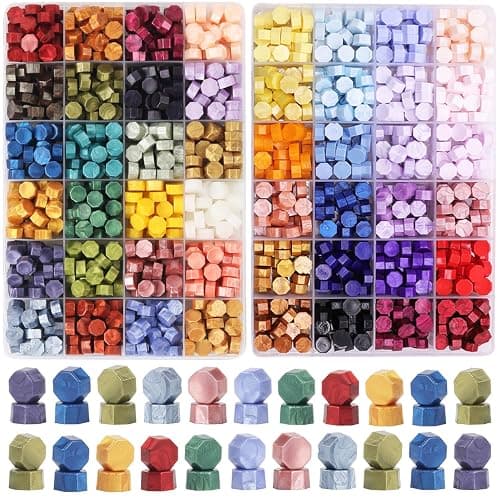 WASOHLING 1200 Pcs Metallic Assorted Color Wax Seal Beads - 48 Colors for Making Seals, Decor for Envelope Letter Wedding Invitation (48 Lattices Kit) - Image 1