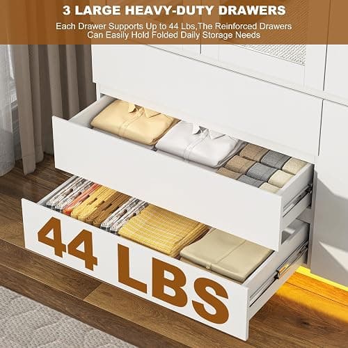 75"H Tall Modern 3 Doors Wooden Armoire Wardrobe Closet with 3 Drawers & 2 Mirror,Clothing Storage Cabinet with Hanging Rod,Bedroom Large Freestanding Armoires with Led Lights for Bedroom,White thumbnail 7