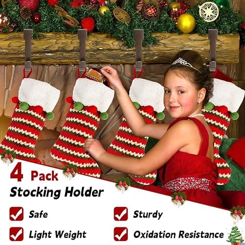 Christmas Stocking Holders Set of 4, Stocking Holders for Mantle, Xmas Stocking Hangers for Fireplace Shelf Staircases Party Decoration Christmas Mantel Decor Hooks thumbnail 6