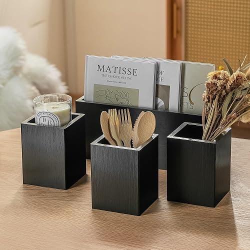 PTSTING Silverware Caddy Black Wood Silverware Holder Paper Plate Dispenser Utensil Caddy Cutlery Flatware Organizer Box for Spoons Forks Plates Napkins thumbnail 6