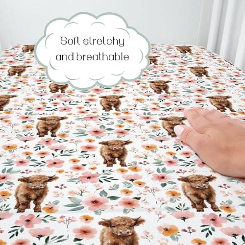 HawSkgFub Highland Cow Floral Boho Fitted Standard Crib Sheet for Baby Girl, Retro Western Farm Animal Yak Flower Toddler Mattress Cover, Soft Stretchy Nursery Bed Sheets Decor Kids Gift 52" x 28" thumbnail 3
