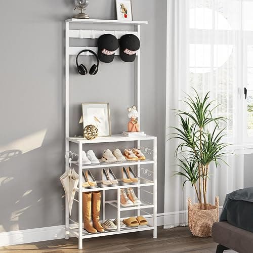 GiftGo Modern White Large 5-Tier Hall Tree Entryway Wooden Shoes Rack Shelf Coat Rack with Movable 9 Metal Hooks Storage Organizer for Home Office Bedroom Mudroom Living Room thumbnail 8