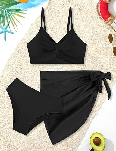 Girls Swimsuit, Bathing Suits 3 Piece Tropical Floral Twist Cross Bikini Sets Girls' Swimwear with Cover Up Skirt 7-16T thumbnail 6