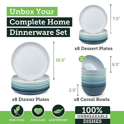 Grow Forward 24-piece Premium Wheat Straw Dinnerware Sets for 8 - Unbreakable Dishwasher & Microwave Safe Plastic Plates and Bowls Sets - Patio, Outdoors, RV, Camping Dishes - Seascape thumbnail 2
