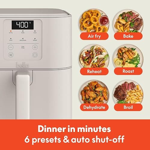 bella 6 Qt Slim Air Fryer, Fits-anywhere™ Kitchenware, EverGood™ Ceramic Nonstick Coating, Adjustable Temperature, 6 Preset Cooking Options, 60 Min Auto Shutoff w Audible Tone, 5lb Capacity, Oatmilk thumbnail 6