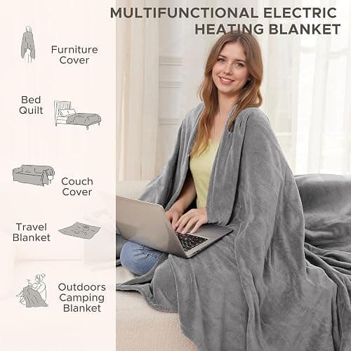 Electric Heated Blanket Full Size 72"x84" - 4 Heat Settings, 10H Auto Shut Off, Soft Coral Fleece & Sherpa Fabric, Machine Washable, Light Gray thumbnail 6