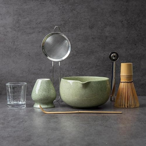 YIBO Matcha Whisk Set With Bowl, Ceramic Matcha Making Kit Includes Bamboo Whisk (Chasen), Holder Stand, Powder Starter Sifter, Scoop, Measuring Spoon & Cup Tea Tools For Ceremony (Mottled Green) - Image 1