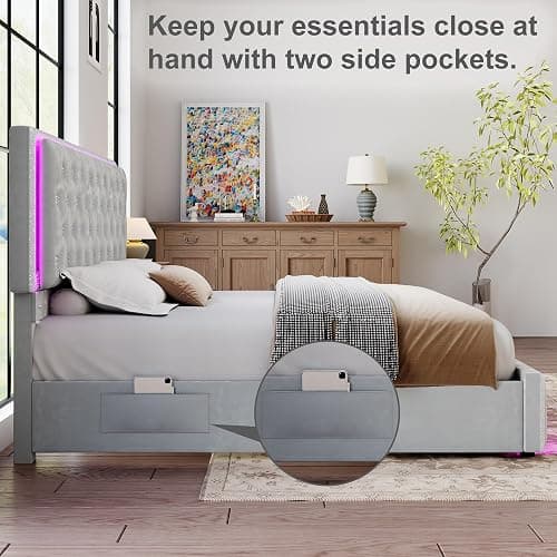 Torana Queen LED Bed Frame with 2 Drawers, Soft Velvet Platform Bed with Diamond Tufted Headboard Footboard and 2 Side Pockets, Mattress Foundation with Wooden Slats Support No Box Spring Needed, Grey thumbnail 5