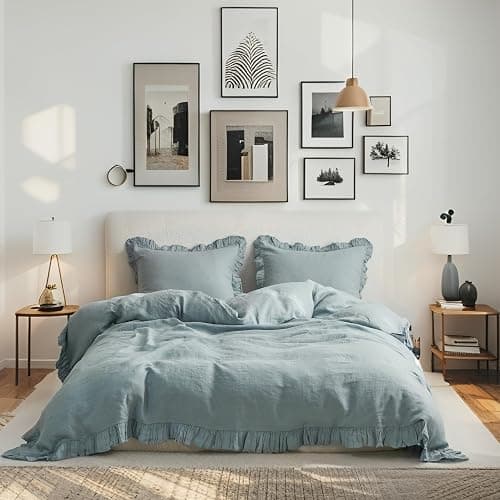 Simple&Opulence 100% Linen Duvet Cover Set, 3 PCS Natural French Flax Dusty Blue Ruffle Duvet Cover Queen Size, Breathable Comfy Linen Bedding Comforter Cover with 2 Pillowcases(Dusty Blue, 88" X 92") thumbnail 2