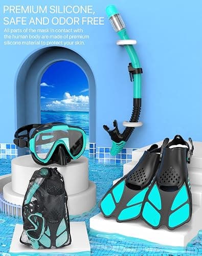 Ubekezele Snorkeling Gear for Adults Men Women,4 in 1 Snorkel Set with Panoramic View Diving Mask Anti-Fog Anti-Leak,Dry Top Snorkel,Fins and Travel Bag for Swimming,Snorkeling and Travel Diving thumbnail 5