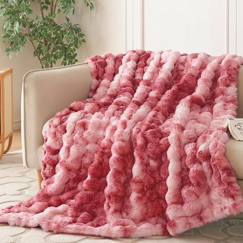 COOVA Faux Fur Throw Blanket for Couch, Cozy Soft and Fuzzy Plush Rabbit Fur Bubble Blanket for Sofa Bedroom Living Room, 50x60 Inches Tie Dye Magenta - Image 1