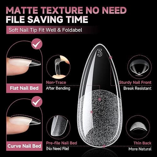 UNA GELLA Medium Almond Gel Nail Tips Half Matte 312pcs Almond Gel Nails No C Curve Clear False Fake Nails Effective Nail Extensions for DIY Art Salon-Level Press On Nails, 12 Sizes thumbnail 4