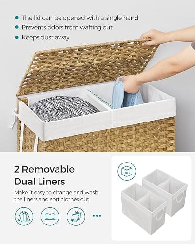 SONGMICS Laundry Hamper with Lid, 130L Clothes Hamper with 2 Removable Liner Bags, 6 Mesh Bags, Wicker Laundry Basket, Double Laundry Hamper for Bathroom, 13 x 26 x 23.6 Inches, Natural ULCB253N01 thumbnail 5