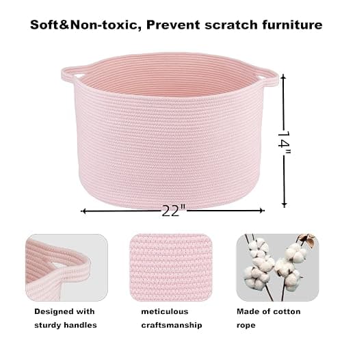 XUANGUO Large Cotton Rope Basket Blankets Basket Living Room 22"x14" Toy Baskets for Kids and Dogs Rope Storage Baskets for Nursery Woven Laundry Baskets for Clothes Towels Baby Toy Storage Round pink thumbnail 3