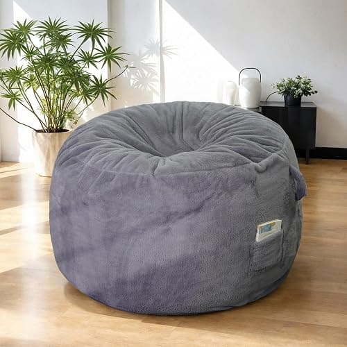 LFCREATOR Giant Bean Bag Chair for Adults, Faux Fur Bean Bag Chair Bed with Mattress Bed Use, Convertible Bean Bag Sofa Bed with Filler Included for Living Room,Bedroom, Dark Gray.Large-Sized thumbnail 2