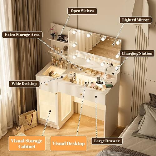 INNOD 40" Vanity Desk with Large Mirror and Lights, Modern Glass Top Makeup Vanity Set with Power Outlet, Drawers and Cabinet, 3 Lighting Color Adjustable Dressing Table for Bedroom,White thumbnail 7