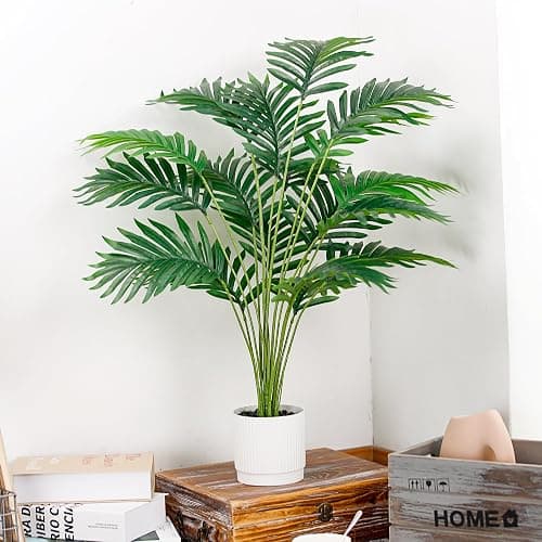 Der Rose 28" Fake Palm Tree in White Pot Fake Plants Porch Outdoor Decor | Easy-care artificial plants with adjustable fronds add layered tropical greenery to home, bathroom, porch, patio decor indoor thumbnail 4