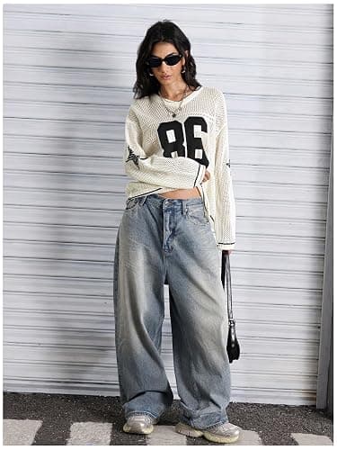 Verdusa Women's Y2k Clothes Going Out Tops Oversized Crochet Jersey Shirts Graphic V Neck Pullover Sweater thumbnail 5