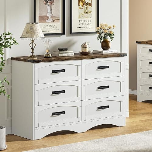 Decofy 47" Farmhouse 6-Drawer Dresser for Bedroom, Pure White + Walnut | Bar Handles, Rustic Wood Design, Large Storage Drawers, For Bedroom, Living Room, Hallway, And Entryway thumbnail 3