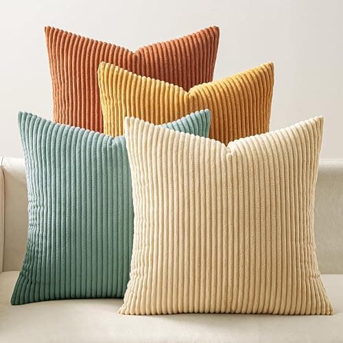 EMEMA Teal Orange Decorative Throw Pillow Covers for Couch Bed Livingroom 18x18 Inch Set of 4 Boho Farmhouse Corduroy Striped Square Pillow Case,Western Modern Cushion Covers Spring Home Decor - Image 1
