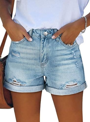 Angerella Denim Shorts for Women Mid Rise Ripped Jean Shorts Stretchy Folded Hem Hot Short Jeans - Image 1