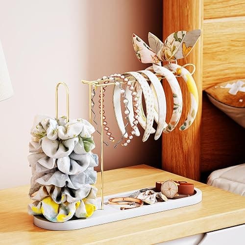 NiHome Headband Holder with Solid Pine Wood Base and Metal Rack, Large Capacity Hair Accessory Organizer for Headbands, Scrunchies, Bracelets, Watches, Glasses, Space-Saving Design for Vanity, Dresser thumbnail 2