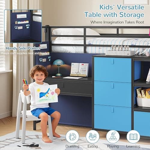 Twin Low Loft Bed for Kids with Built-in Desk, 6 Storage Drawers, Open Bookshelf, Under-Bed Play Tent with LED Lights, Metal Twin Size Loft Beds with Safety Guardrail & Inclined Ladder, Blue and Black thumbnail 4