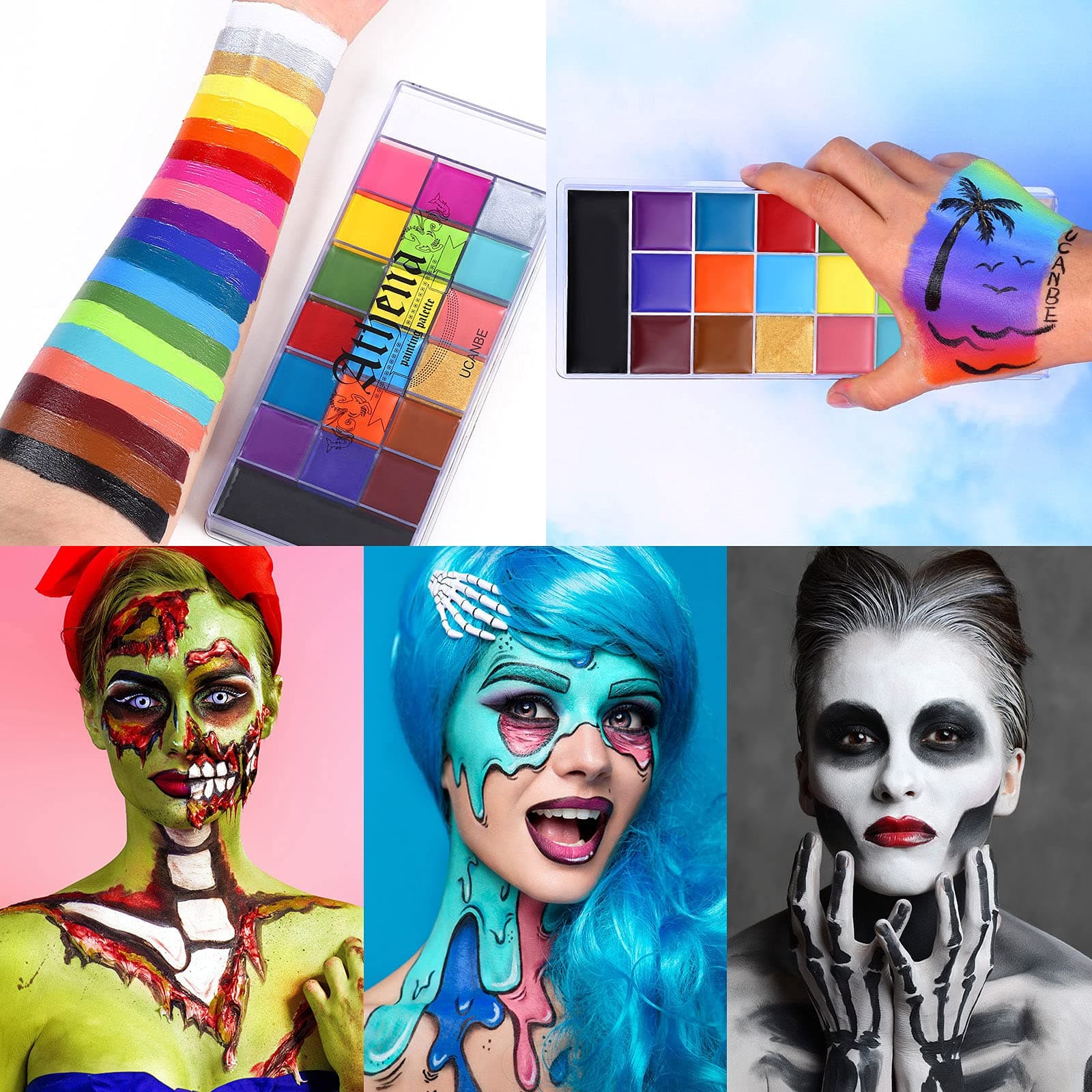 UCANBE Athena Face Body Paint Oil Palette + Translucent Setting Powder + 10PCS Brushes Set, Professional Non Toxic Face Painting Pallet Kit for Halloween SFX Cosplay Clown Makeup for Women Adults thumbnail 7