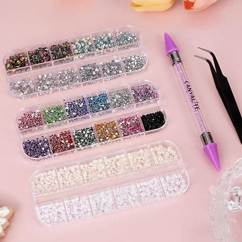 Canvalite 8000PCS Crystal AB Nail Art Rhinestones with Pick Up Tweezers & Dotting Pen, Flat Back Nail Gems for Nails, Clothes, Face, Craft - Nail Art Supplies & Decorations thumbnail 2