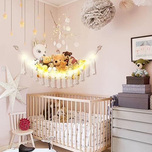 CERETIA Stuffed Animal Hammock with LED Light, Large Stuffed Animals Storage Corner Plushie Net for Kids Room Decor, White thumbnail 4