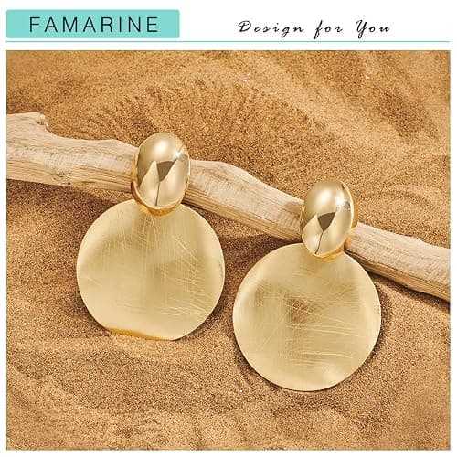 FAMARINE Big Disc Drop Earrings Gold Dangle Earrings Round Hammered Earrings Women thumbnail 5