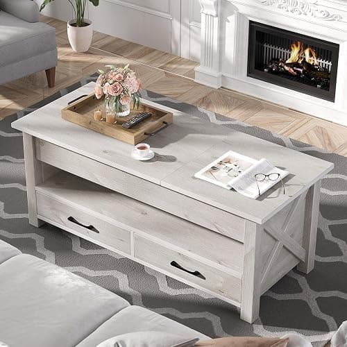 Seventable Coffee Table, 47.2" Lift Top Coffee Table with 2 Storage Drawers and Hidden Compartment, X Wood Farmhouse Support, Retro Center Table with Wooden Lift Tabletop, for Living Room,Grey - Grey thumbnail 5