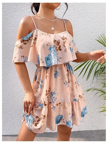 SOLY HUX Women's Boho Floral Print Cold Shoulder Dress Short Sleeve Ruffle A Line Vacation Elegant Mini Dresses thumbnail 2